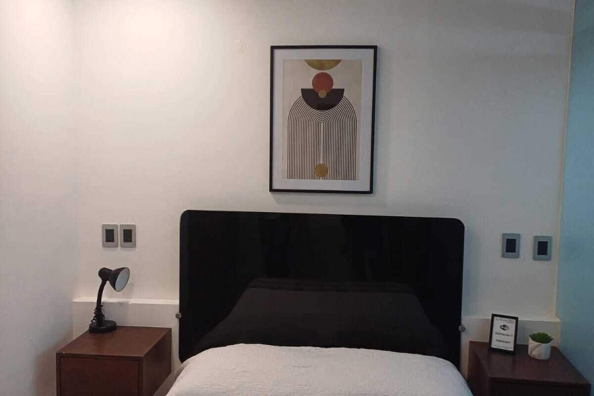 A modern bedroom with a large bed, a dark headboard, a bedside table with a lamp, and a framed artwork on the wall.