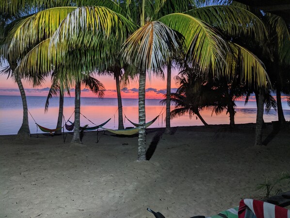 On the beach, sun loungers, beach towels