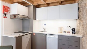 Fridge, stovetop, dishwasher, coffee/tea maker