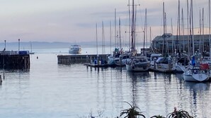 Una marina con varias embarcaciones amarradas, un muelle y una vista distante de la costa.