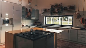 A modern kitchen with a central island, stainless steel appliances, and a large window providing a view of the outdoors. - Vale Pisco - Villa Master (Carvalhal Bombarral)