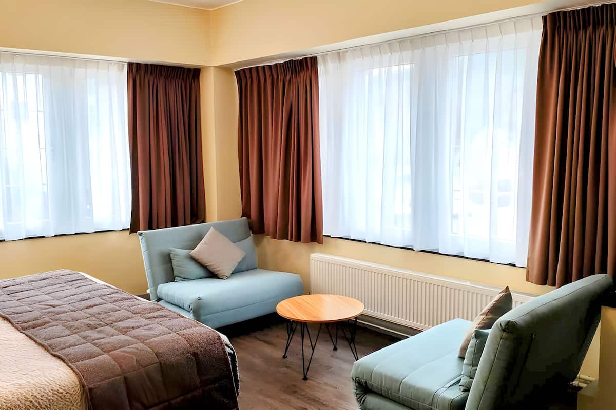 A room with a bed, a sofa, a chair, a small table, and large windows with curtains.