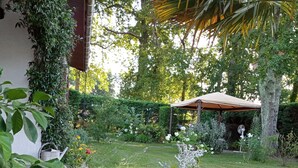 Un jardín con diversas plantas y flores, césped y una estructura de pérgola.