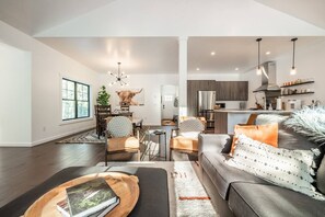 Smart TV, caminetto, libri, biblioteca musicale