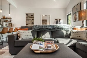 Smart TV, chimenea, libros y biblioteca musical