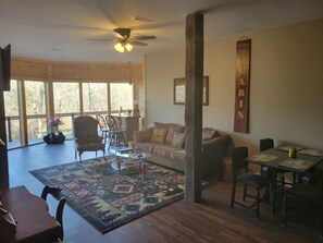 TV, fireplace, books