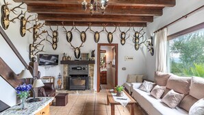 A living room with a fireplace, a sofa, a TV, and antler wall decorations.