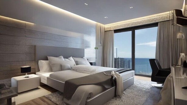 A modern bedroom with a large bed, a bedside table, a chair, and a view of the city. - Xenious Grand Manor, Golf Course Extension Road, Gurugram (Gurugram)