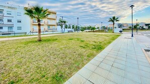 Un sendero pavimentado junto a un área verde con una palmera, edificios al fondo y un cielo parcialmente nublado.