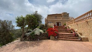 A building with a stone staircase leading to a door, surrounded by a garden with various plants and flowers.