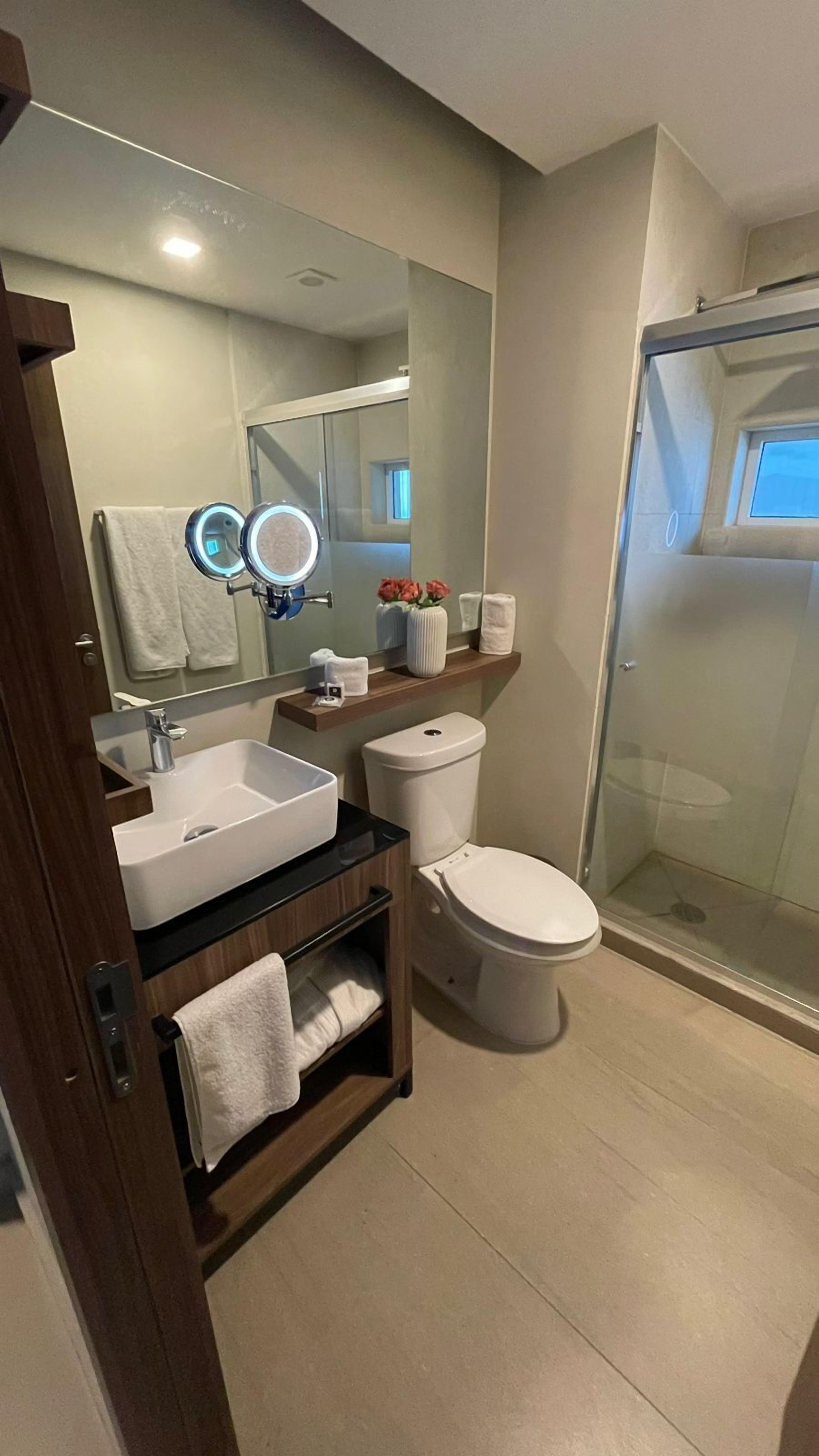A modern bathroom with a large mirror, a sink, a toilet, and a glass shower enclosure.