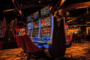 Zona de juego de casino con máquinas tragamonedas y sillones tapizados en rojo.