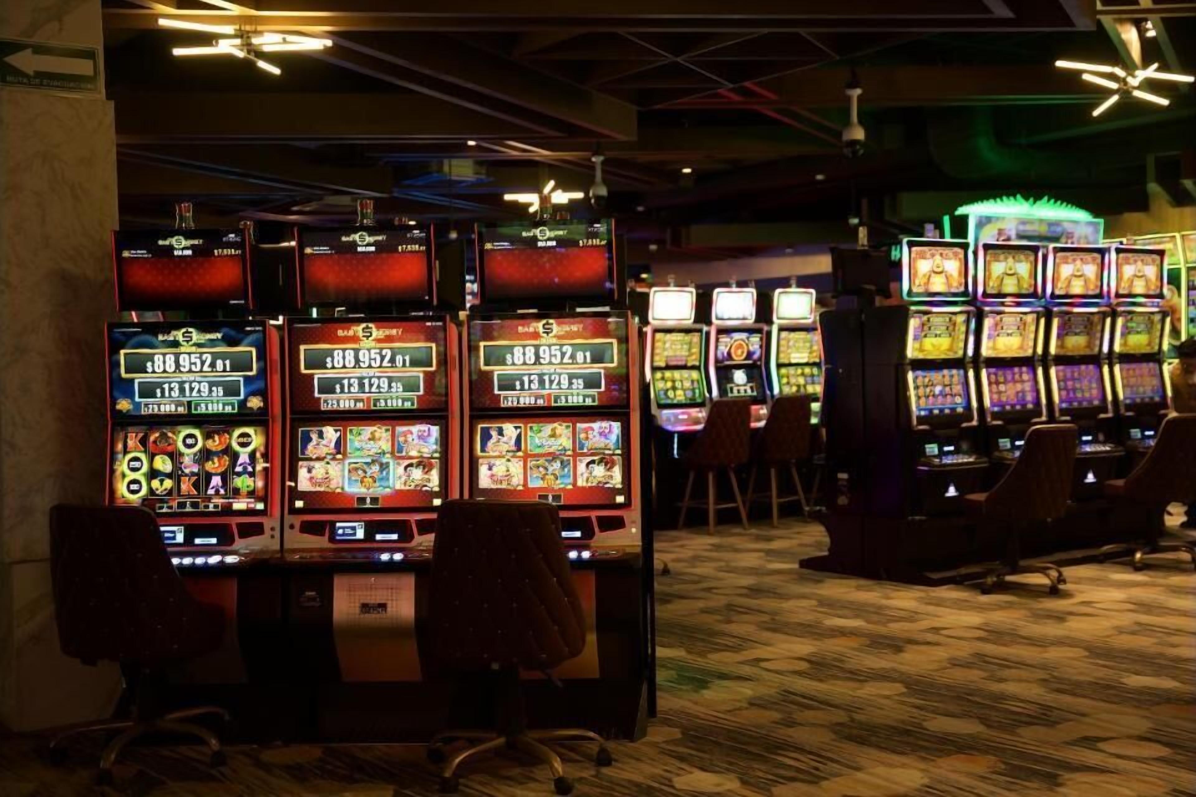 A casino with multiple slot machines, chairs, and a carpeted floor.