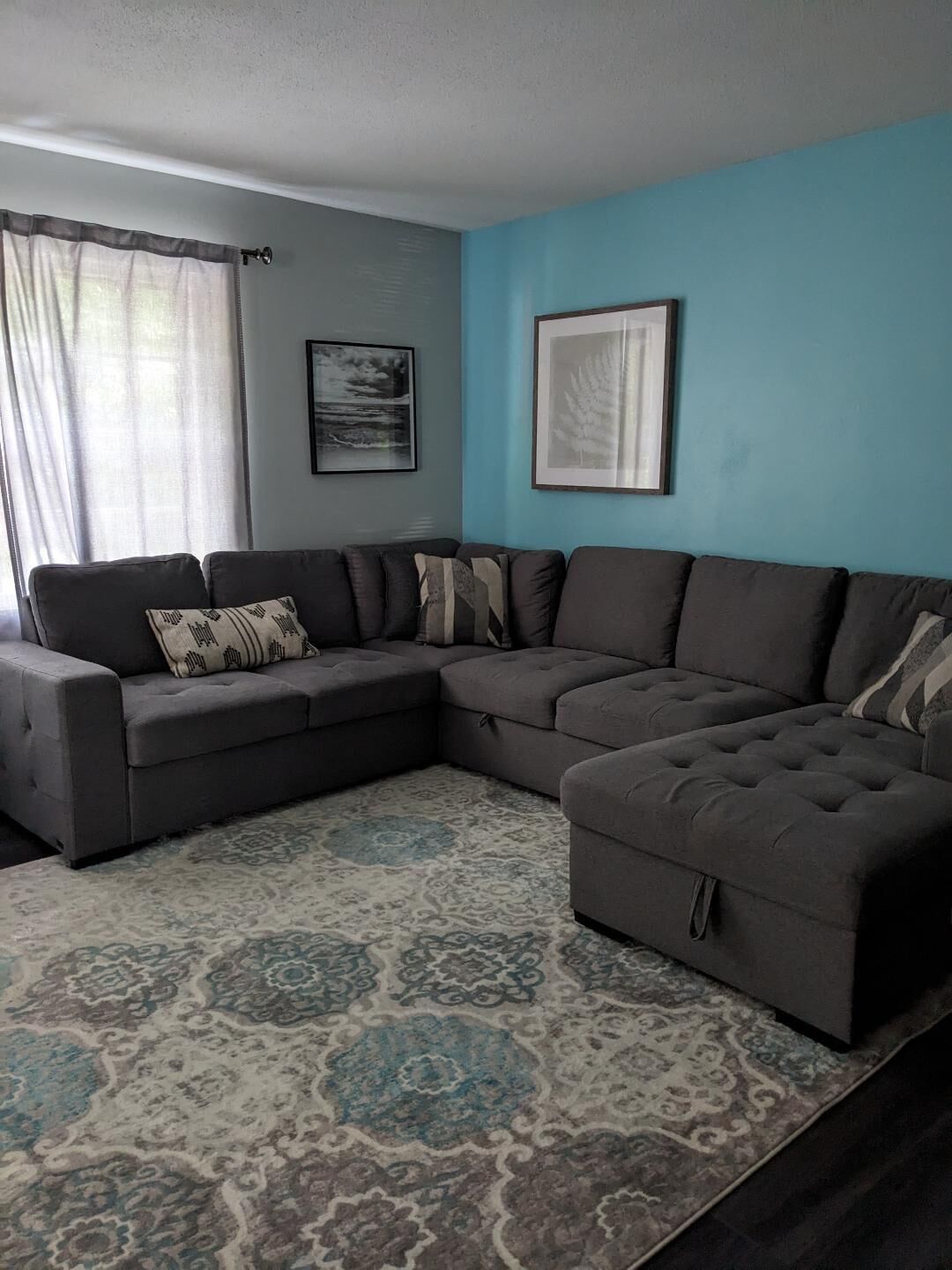 A living room with a sectional sofa, a patterned rug, and two framed pictures on the wall.
