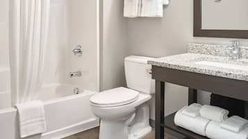 Combined shower/tub, hair dryer, towels, soap