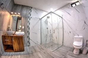 Shower, hair dryer, towels, shampoo