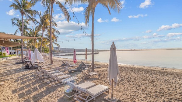 Un espace aménagé sur la plage, avec des chaises longues, des parasols et des palmiers.