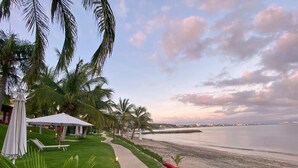 A coastal walkway with palm trees, a beach, and a view of the sea.