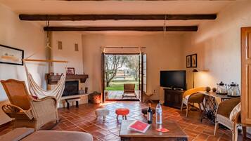 Een televisie, een open haard en een dvd-speler