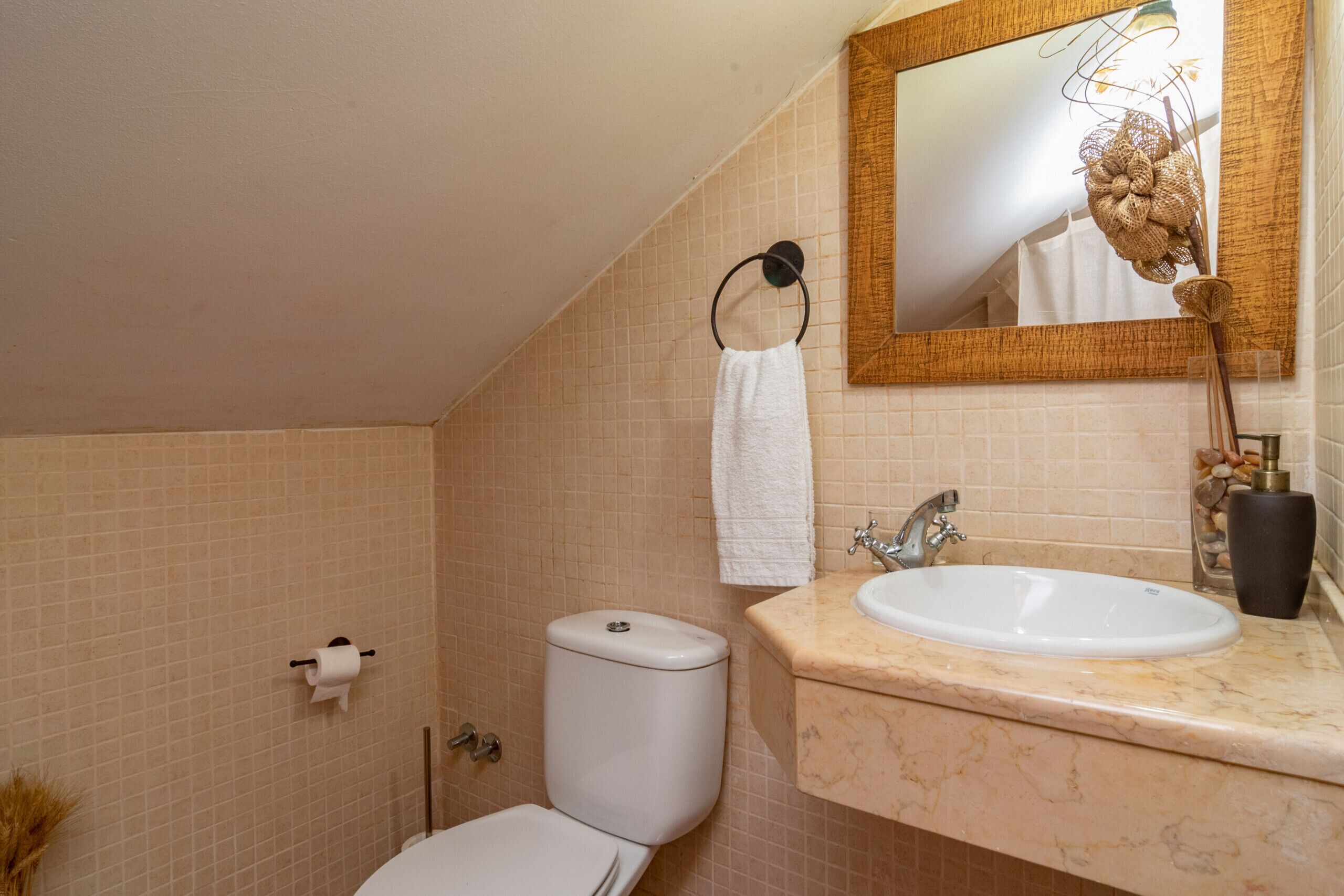 Une salle de bain équipée de toilettes, d’un lavabo, d’un miroir et d’un porte-serviettes.