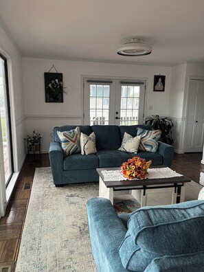 Smart TV, fireplace, books