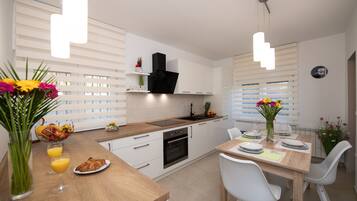 Fridge, microwave, oven, dishwasher