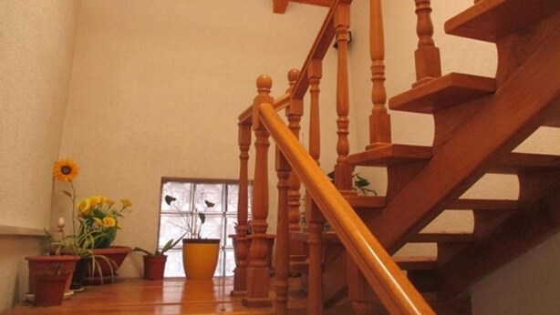 A wooden staircase with a handrail, leading to an upper floor. There are potted plants on the landing.