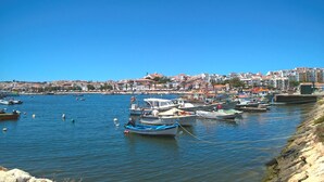 A coastal town with boats docked along the shore, a clear blue sky, and buildings in the background. - Casa Areia Ornata, sea view terrace, beach (Lagos)