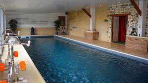 An indoor swimming pool with clear water, a diving board, and a stone wall with a red curtain. - 1 bedroom nice (sta)caravan in Gommenec h (Gommenec h)