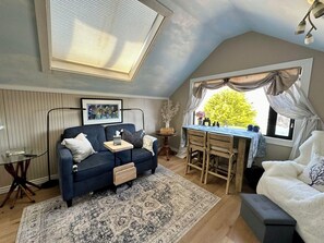 Smart TV, fireplace, books