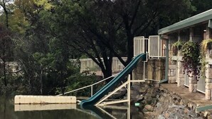 Un tobogán acuático que desemboca en un estanque, rodeado de árboles y un muro de piedra.