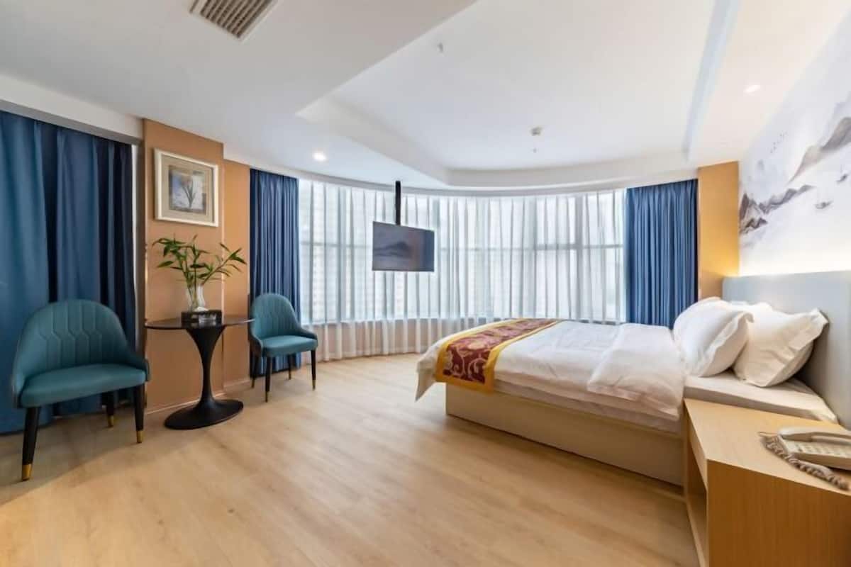 Habitación de hotel con cama, dos sillones, una mesita, una planta en maceta y televisión.