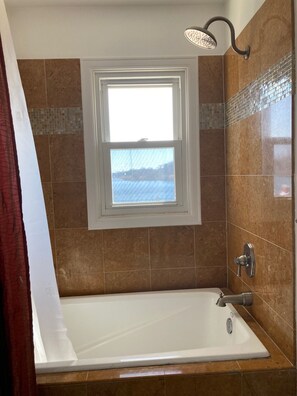 Combined shower/tub, hair dryer, towels, soap