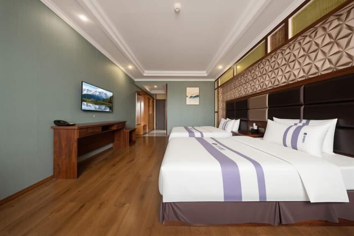 A hotel room with a large bed, a desk, a television, and a patterned headboard.