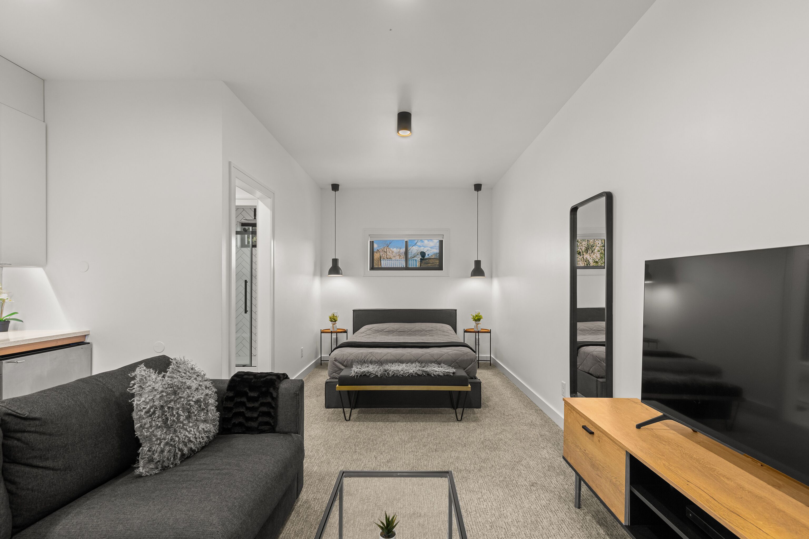 Un salon moderne avec un canapé, un lit, un téléviseur et une petite table sur laquelle se trouve une lampe.