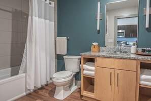 Hair dryer, towels, shampoo