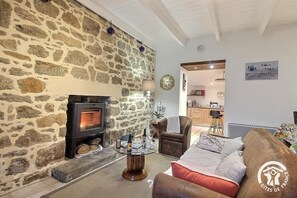 Flatskjerm-TV, peis, DVD-spiller og bøker