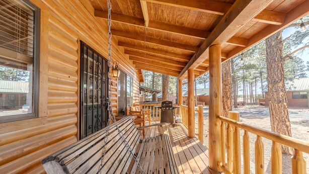 Una baita di legno con veranda, barbecue e panchina.