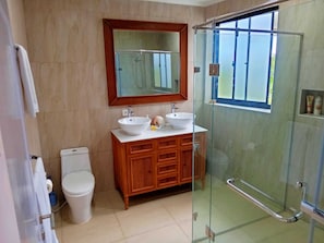 Enjoy a refreshing shower with a clear view of the outdoors, a spacious vanity with two sinks, and a large mirror.