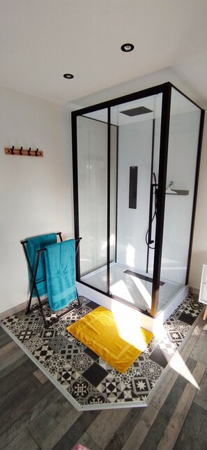 Shower, hair dryer, towels, soap