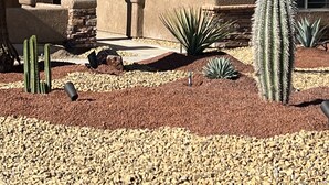 A house with a stucco exterior, a tiled roof, and a landscaped garden with cacti and a palm tree.