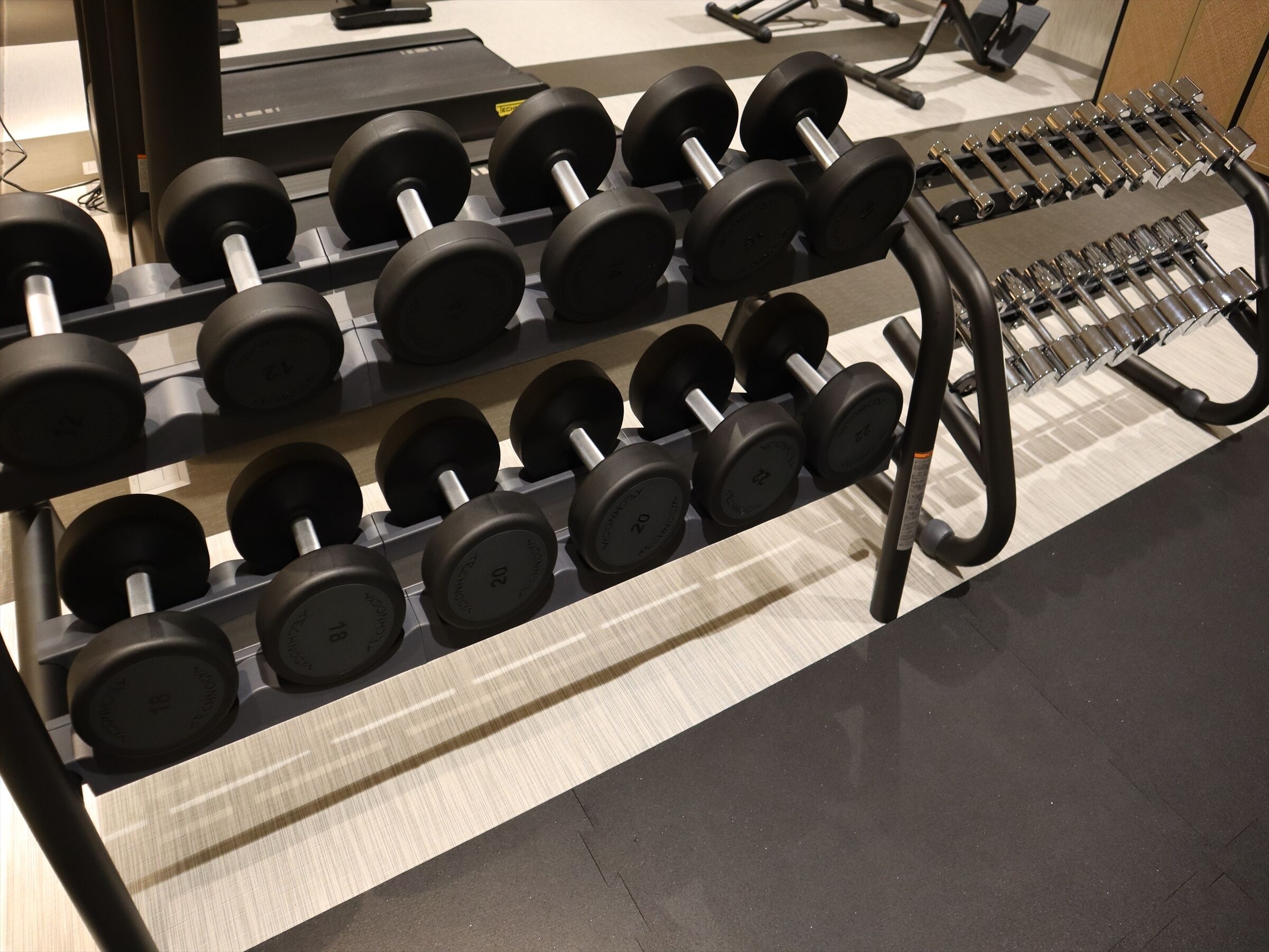 Ett ställ med svarta hantlar med viktmarkeringar, ett löpband och en skivstång i ett gym.