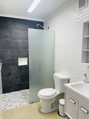 Ducha, toallas, jabón, papel higiénico