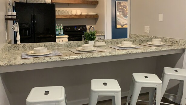Une cuisine moderne avec un comptoir en granit, un réfrigérateur noir, une cuisinière et un évier. On y trouve trois tabourets de bar blancs et une plante en pot sur le comptoir.