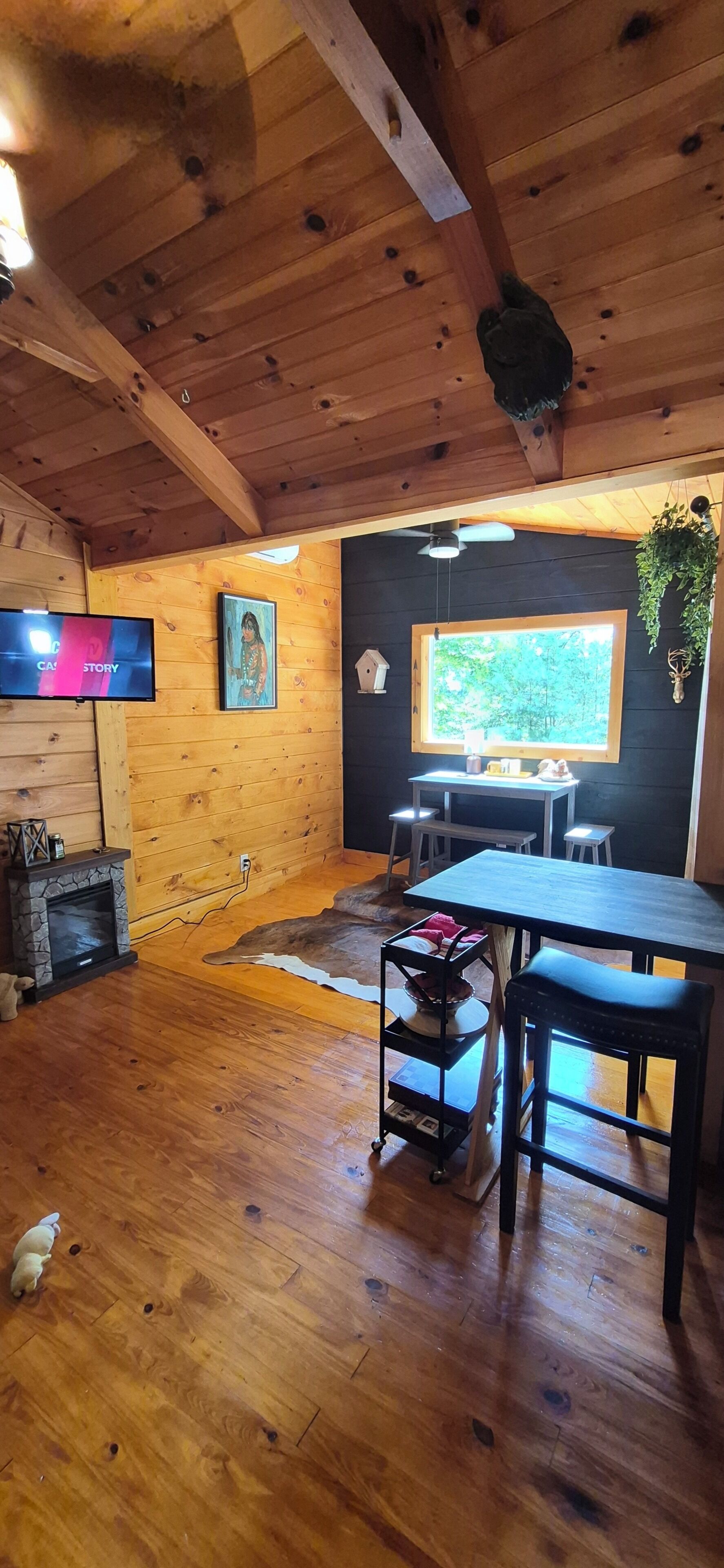 Interior de madera con chimenea, televisor, mesa de comedor y ventana con vista a follaje.