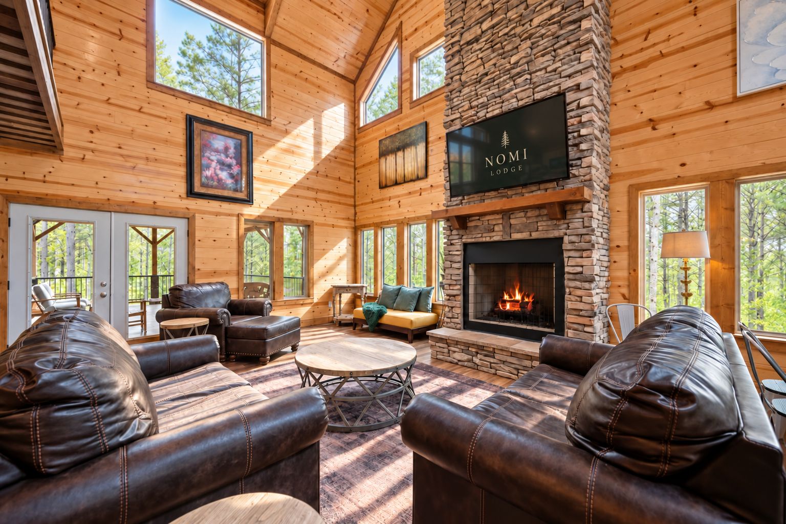 Un intérieur chaleureux, typique d’un chalet, avec des canapés en cuir, une cheminée et un mur décoratif en pierre.
