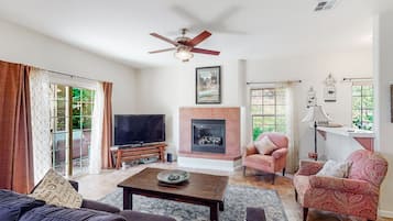 TV, fireplace, DVD player, video library