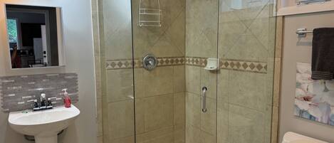 Un baño con ducha de vidrio, lavamanos pedestal y retrete.