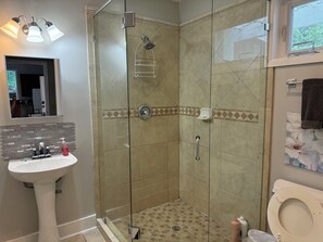 Shower, hair dryer, towels, soap