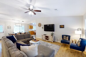TV, DVD player, books, video library